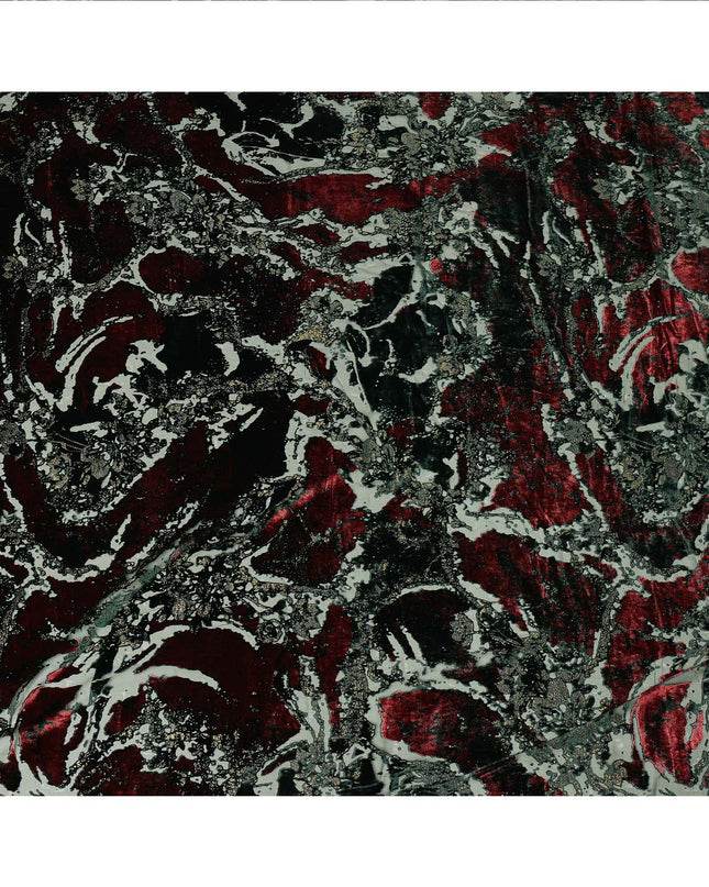 Black and Deep Red Metallic Abstract Printed Synthetic Burnout Chiffon Velvet Fabric 140 Cms Width China-D28187