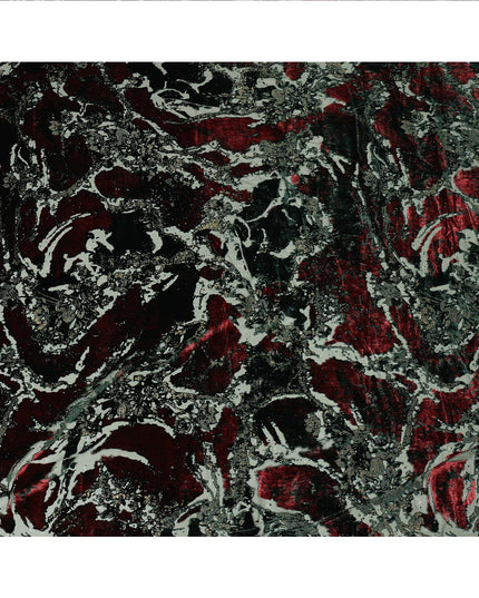 Maroon and Green Abstract Patterned Synthetic Blended Velvet Fabric, 140 Cms Width, Made in China-D26336