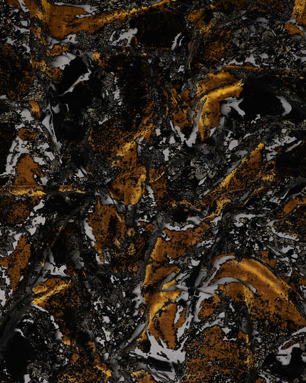 Black and Mustard Gold Metallic Abstract Printed Synthetic Burnout Chiffon Velvet Fabric 140 Cms Width China-D28185