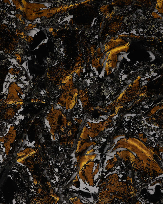 Black and Mustard Gold Metallic Abstract Printed Synthetic Burnout Chiffon Velvet Fabric 140 Cms Width China-D28185