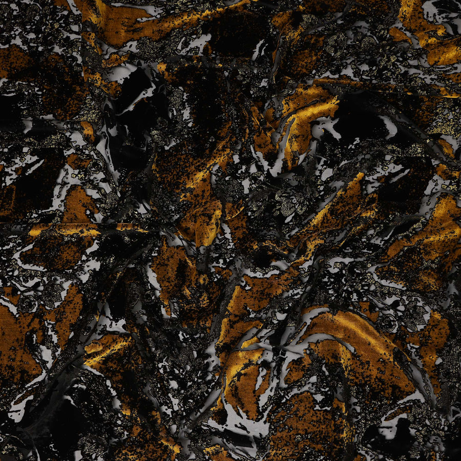 Black and Mustard Gold Metallic Abstract Printed Synthetic Burnout Chiffon Velvet Fabric 140 Cms Width China-D28185