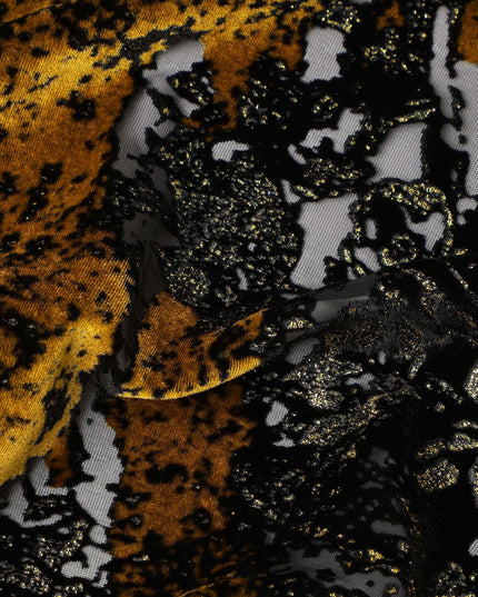 Black and Mustard Gold Metallic Abstract Printed Synthetic Burnout Chiffon Velvet Fabric 140 Cms Width China-D28185