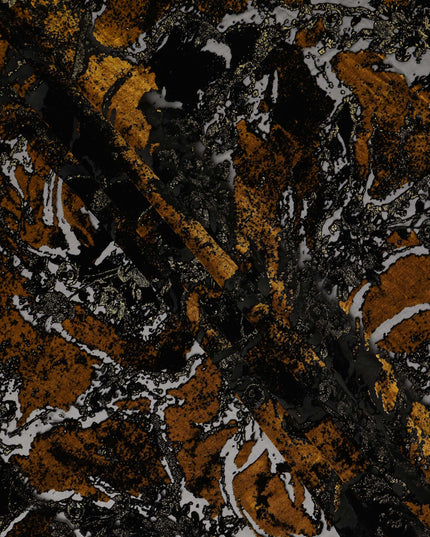 Black and Mustard Gold Metallic Abstract Printed Synthetic Burnout Chiffon Velvet Fabric 140 Cms Width China-D28185