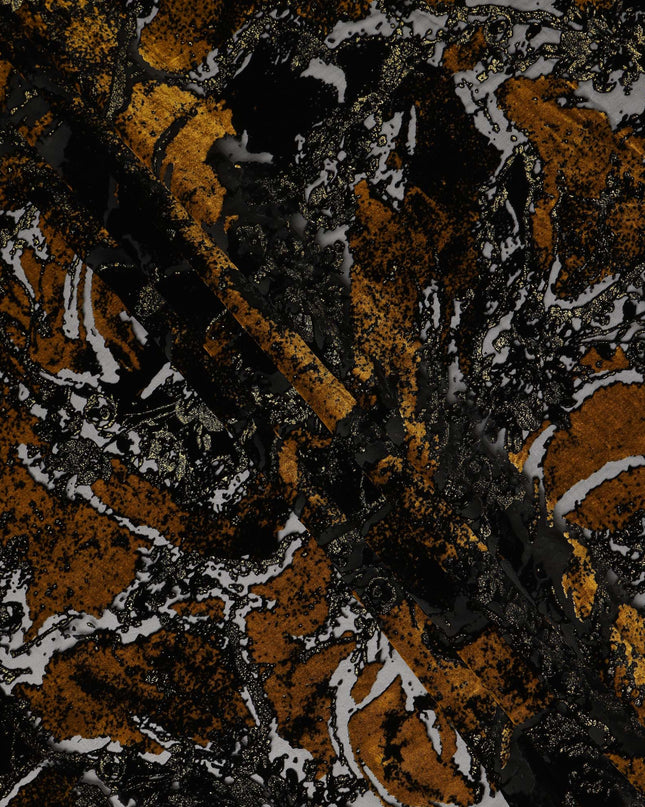Black and Mustard Gold Metallic Abstract Printed Synthetic Burnout Chiffon Velvet Fabric 140 Cms Width China-D28185