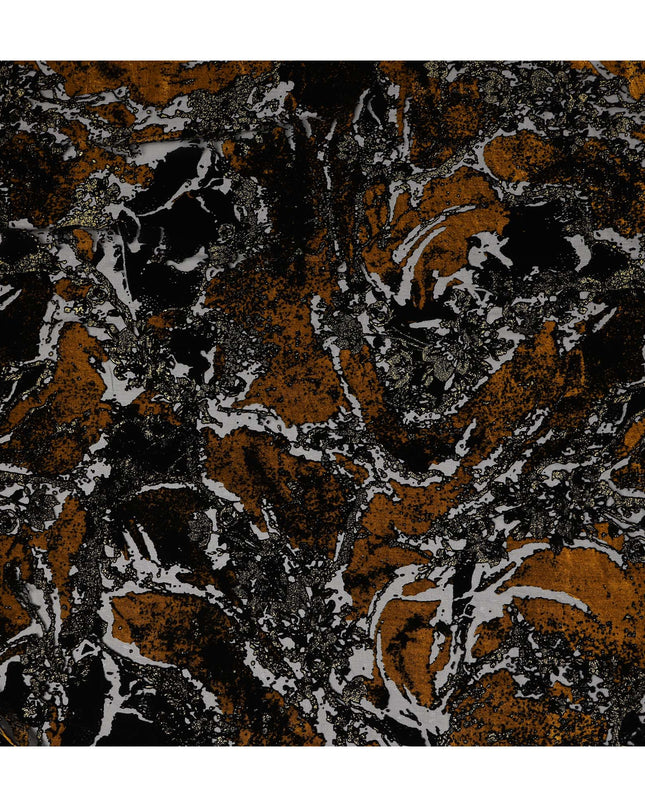 Black and Mustard Gold Metallic Abstract Printed Synthetic Burnout Chiffon Velvet Fabric 140 Cms Width China-D28185
