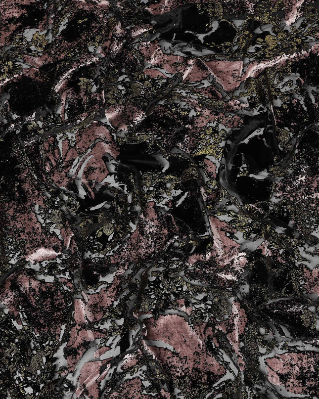 Dusty Rose and Black Abstract Patterned Synthetic Blended Velvet Fabric, 140 Cms Width, Made in China-D26338