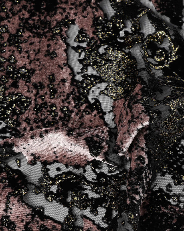 Black and Dusty Pink Metallic Abstract Printed Synthetic Burnout Chiffon Velvet Fabric 140 Cms Width China-D28186