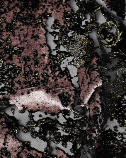 Dusty Rose and Black Abstract Patterned Synthetic Blended Velvet Fabric, 140 Cms Width, Made in China-D26338