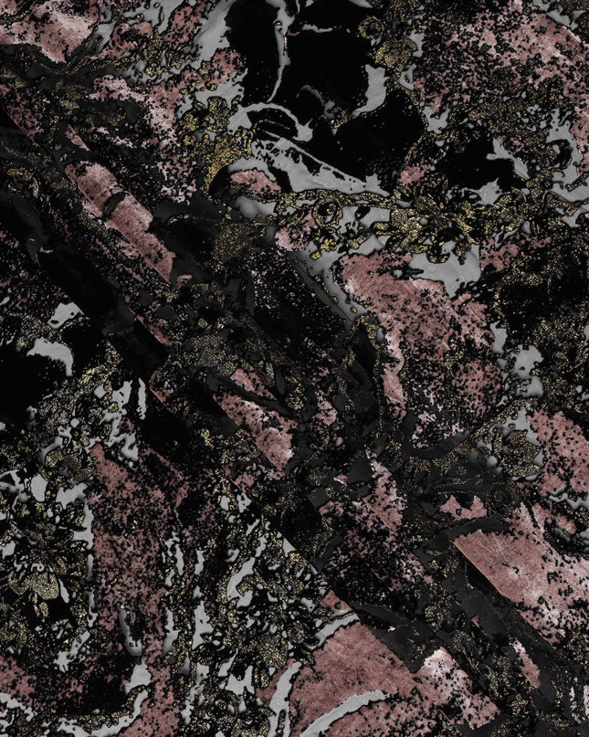 Dusty Rose and Black Abstract Patterned Synthetic Blended Velvet Fabric, 140 Cms Width, Made in China-D26338