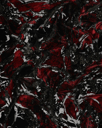 Black and Red Metallic Abstract Printed Synthetic Burnout Chiffon Velvet Fabric 140 Cms Width China-D28184