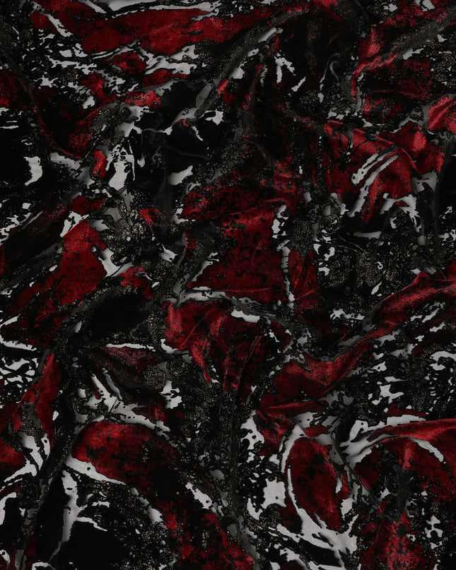 Black and Red Metallic Abstract Printed Synthetic Burnout Chiffon Velvet Fabric 140 Cms Width China-D28184