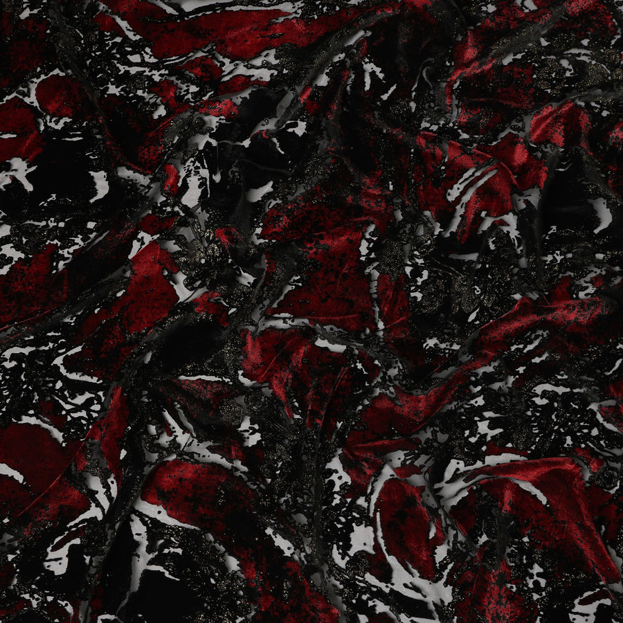 Black and Red Metallic Abstract Printed Synthetic Burnout Chiffon Velvet Fabric 140 Cms Width China-D28184