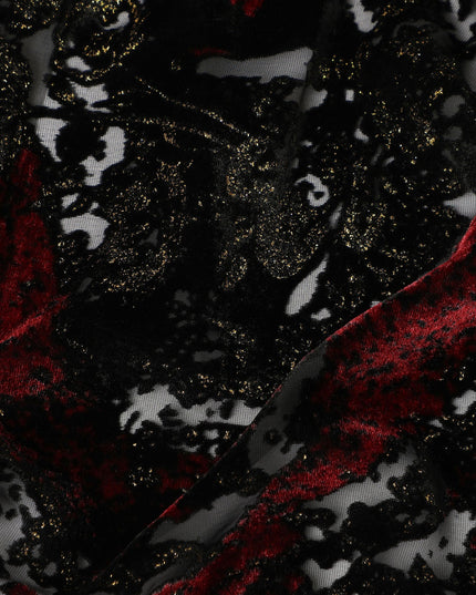 Black and Red Metallic Abstract Printed Synthetic Burnout Chiffon Velvet Fabric 140 Cms Width China-D28184