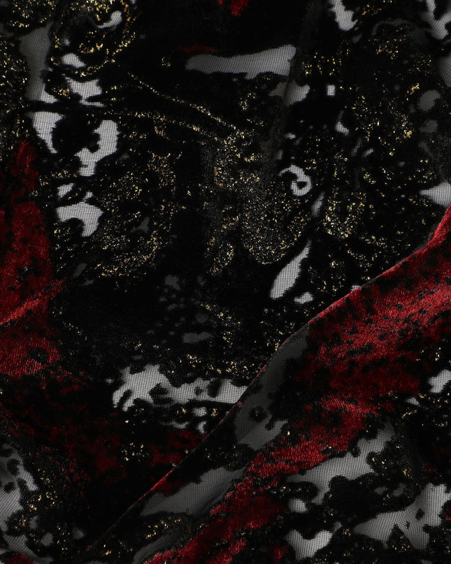 Black and Red Metallic Abstract Printed Synthetic Burnout Chiffon Velvet Fabric 140 Cms Width China-D28184