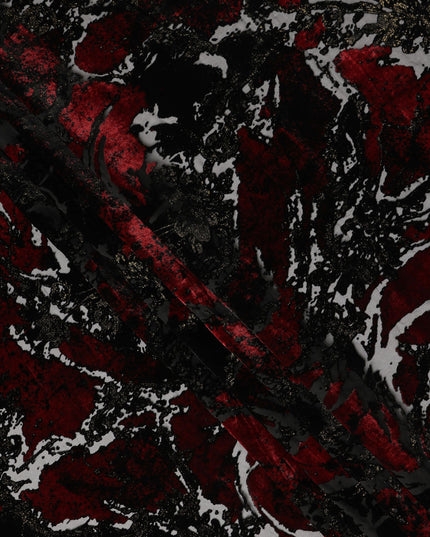 Black and Red Metallic Abstract Printed Synthetic Burnout Chiffon Velvet Fabric 140 Cms Width China-D28184