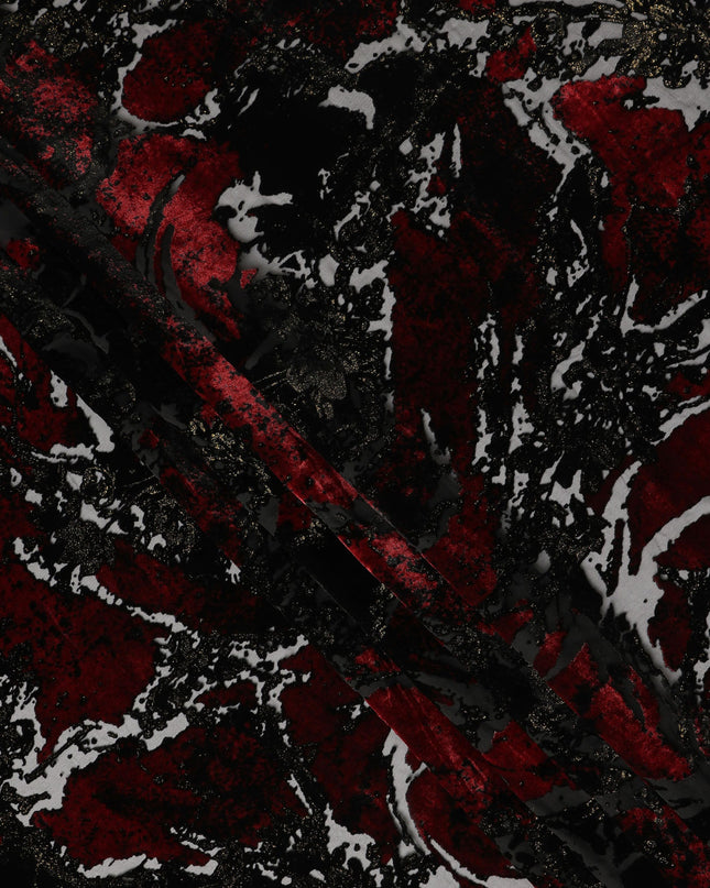 Black and Red Metallic Abstract Printed Synthetic Burnout Chiffon Velvet Fabric 140 Cms Width China-D28184