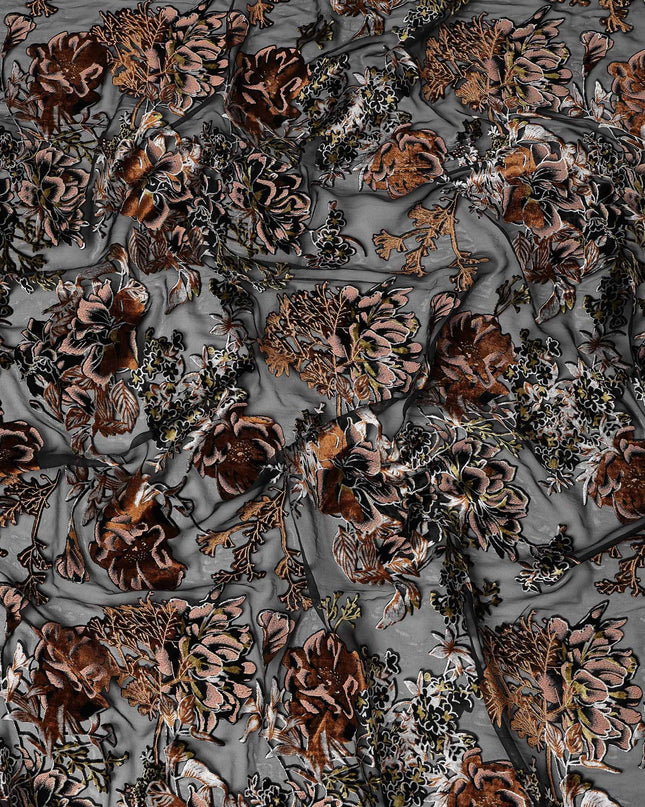 Grey and Copper Floral Embossed Synthetic Blended Velvet Fabric, 140 Cms Width, Made in China-D26339