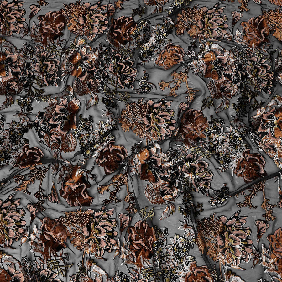 Grey and Copper Floral Embossed Synthetic Blended Velvet Fabric, 140 Cms Width, Made in China-D26339