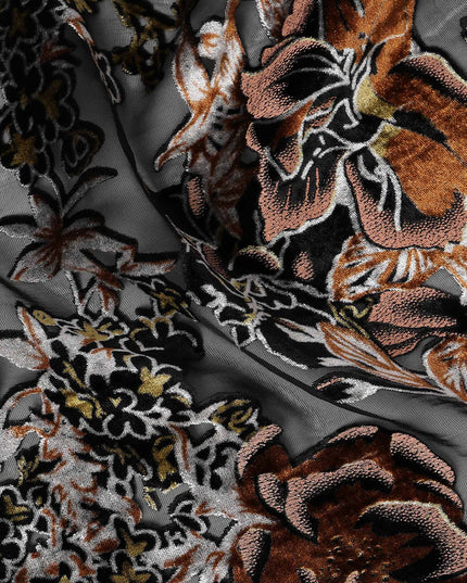 Grey and Copper Floral Embossed Synthetic Blended Velvet Fabric, 140 Cms Width, Made in China-D26339
