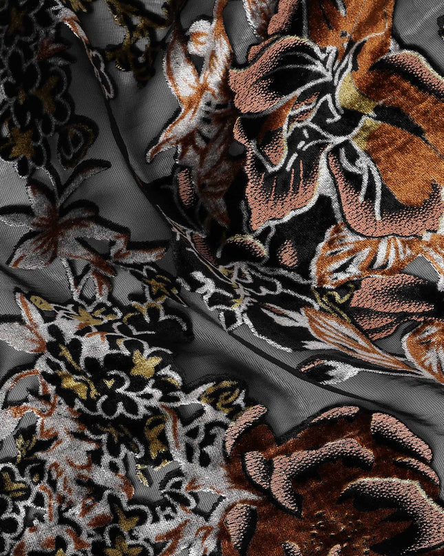 Grey and Copper Floral Embossed Synthetic Blended Velvet Fabric, 140 Cms Width, Made in China-D26339