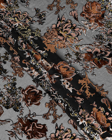 Grey and Copper Floral Embossed Synthetic Blended Velvet Fabric, 140 Cms Width, Made in China-D26339
