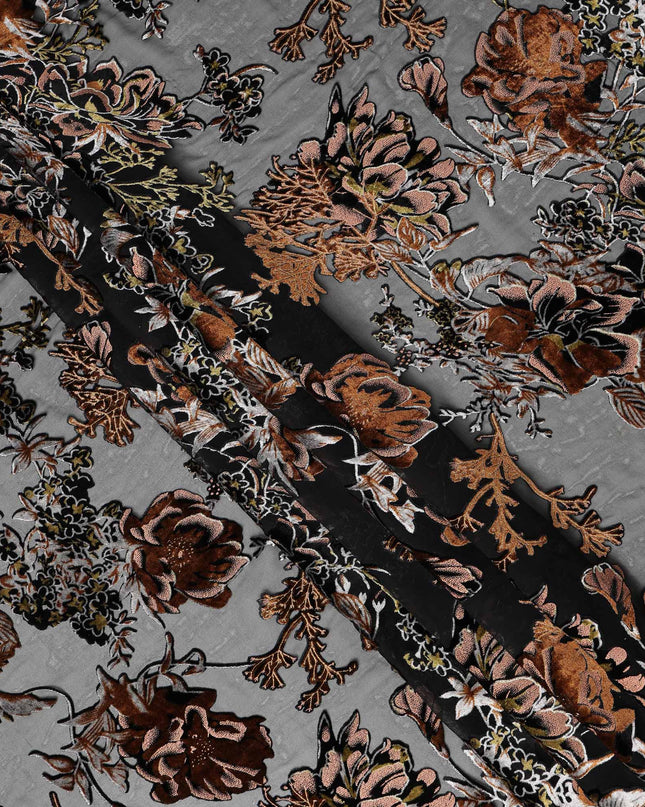 Grey and Copper Floral Embossed Synthetic Blended Velvet Fabric, 140 Cms Width, Made in China-D26339