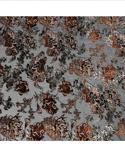 Grey and Copper Floral Embossed Synthetic Blended Velvet Fabric, 140 Cms Width, Made in China-D26339