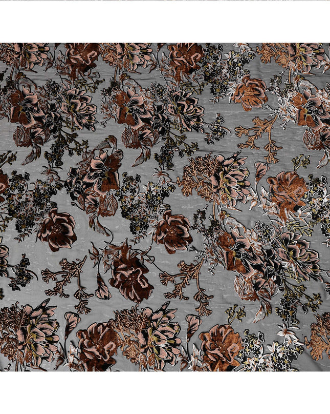 Grey and Copper Floral Embossed Synthetic Blended Velvet Fabric, 140 Cms Width, Made in China-D26339