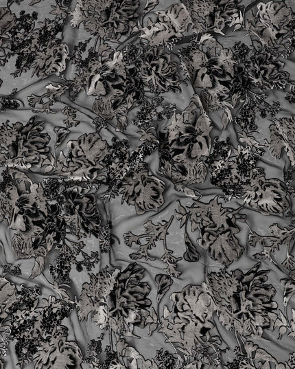 Grey and Black Floral Embossed Synthetic Blended Velvet Fabric, 140 Cms Width, Made in China-D26340