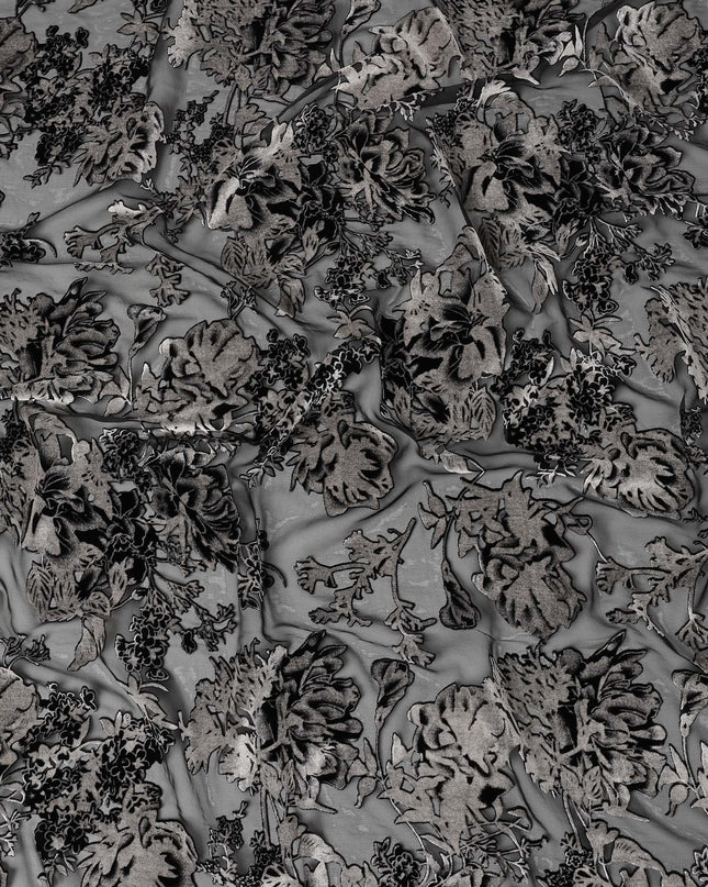 Grey and Black Floral Embossed Synthetic Blended Velvet Fabric, 140 Cms Width, Made in China-D26340