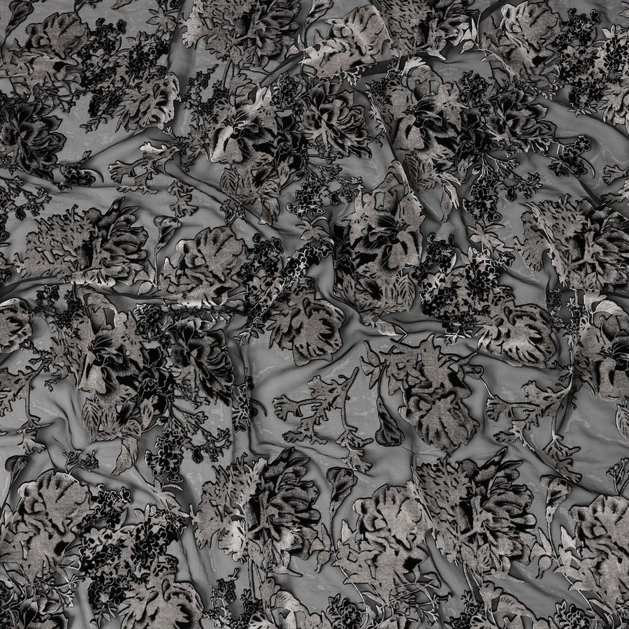 Grey and Black Floral Embossed Synthetic Blended Velvet Fabric, 140 Cms Width, Made in China-D26340