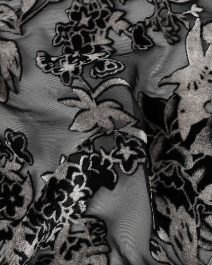 Grey and Black Floral Embossed Synthetic Blended Velvet Fabric, 140 Cms Width, Made in China-D26340