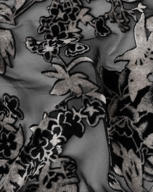 Grey and Black Floral Embossed Synthetic Blended Velvet Fabric, 140 Cms Width, Made in China-D26340