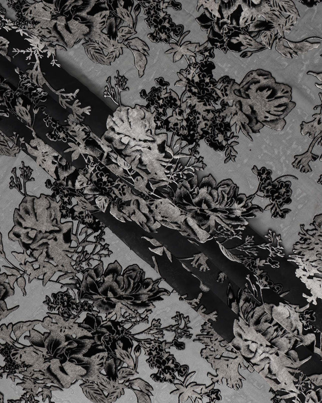 Grey and Black Floral Embossed Synthetic Blended Velvet Fabric, 140 Cms Width, Made in China-D26340