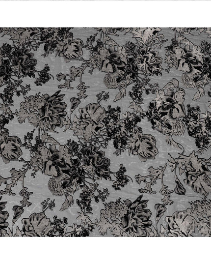 Grey and Black Floral Embossed Synthetic Blended Velvet Fabric, 140 Cms Width, Made in China-D26340