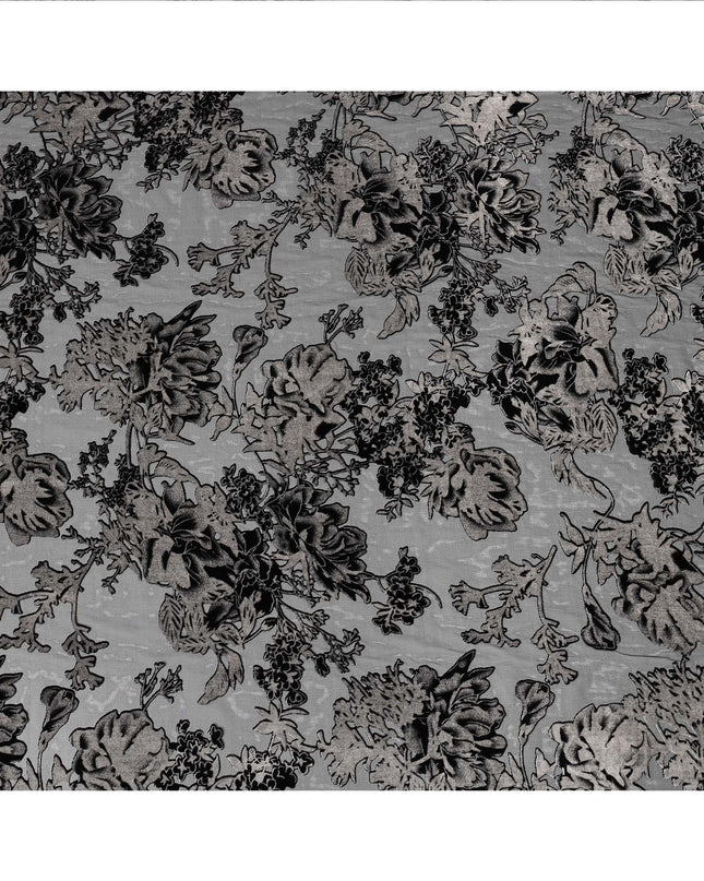Grey and Black Floral Embossed Synthetic Blended Velvet Fabric, 140 Cms Width, Made in China-D26340