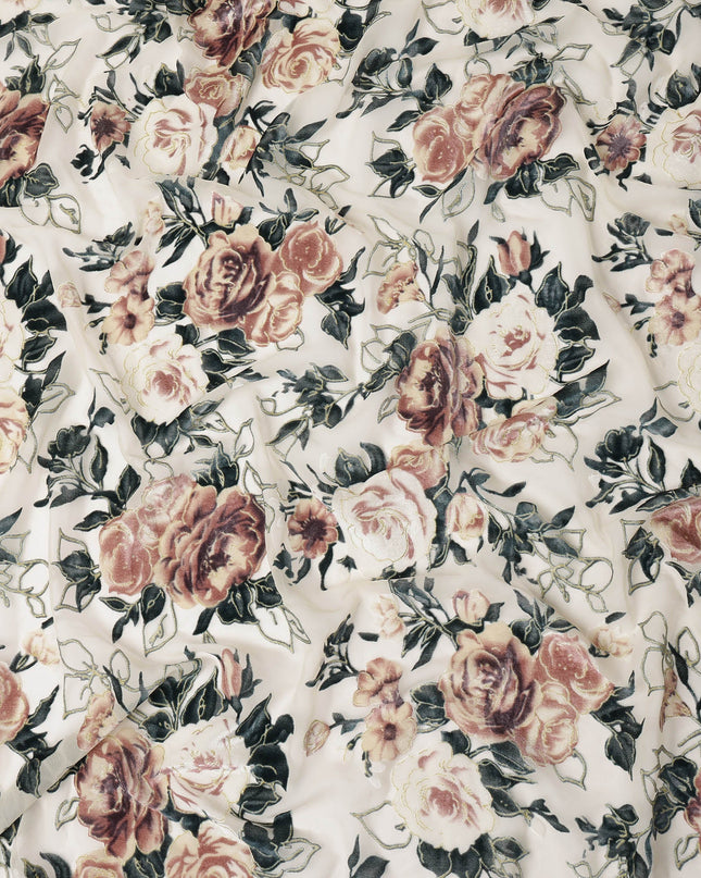 Cream Rose Floral Printed Silk Blended Velvet Fabric with Multi-Tone Detailing, 140 cm Width, Made in China-D26637