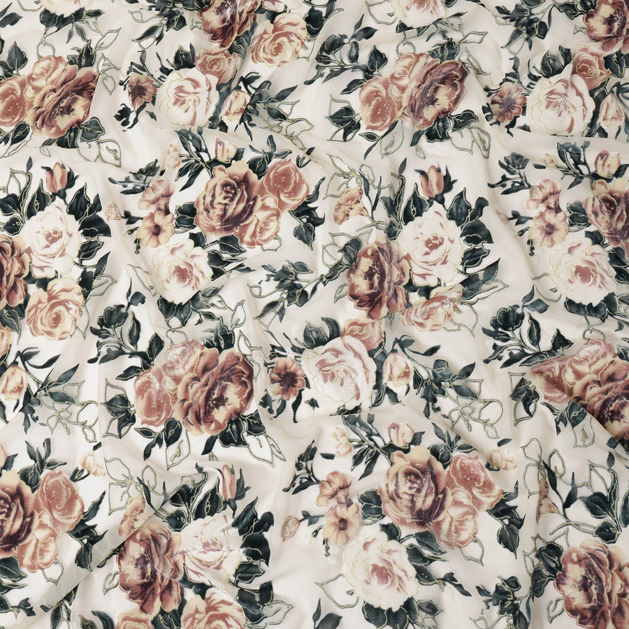 Cream Rose Floral Printed Silk Blended Velvet Fabric with Multi-Tone Detailing, 140 cm Width, Made in China-D26637