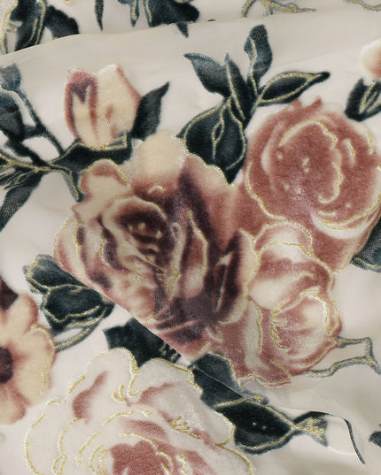 Cream Rose Floral Printed Silk Blended Velvet Fabric with Multi-Tone Detailing, 140 cm Width, Made in China-D26637