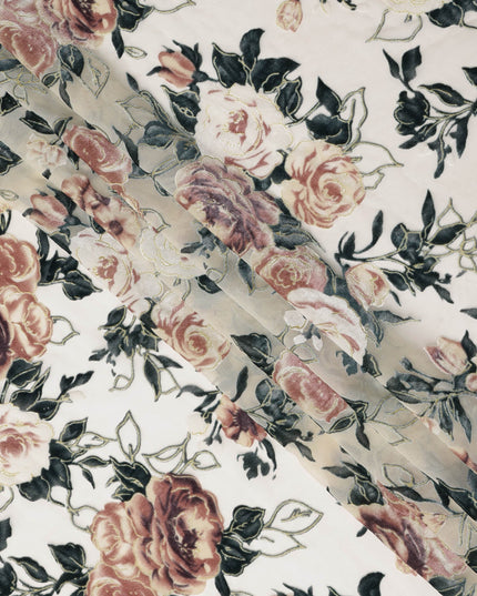 Cream Rose Floral Printed Silk Blended Velvet Fabric with Multi-Tone Detailing, 140 cm Width, Made in China-D26637