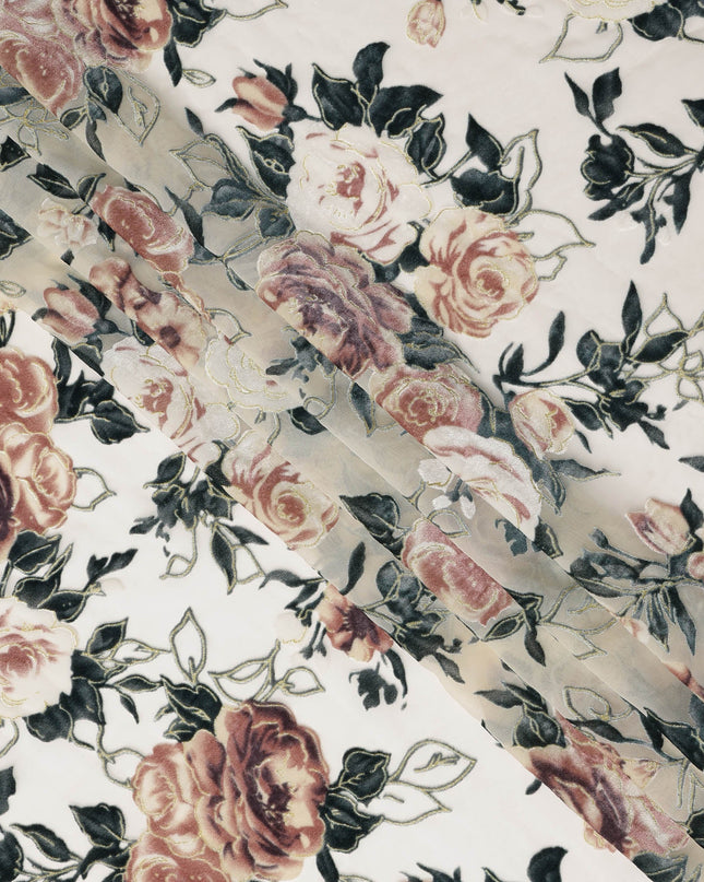 Cream Rose Floral Printed Silk Blended Velvet Fabric with Multi-Tone Detailing, 140 cm Width, Made in China-D26637