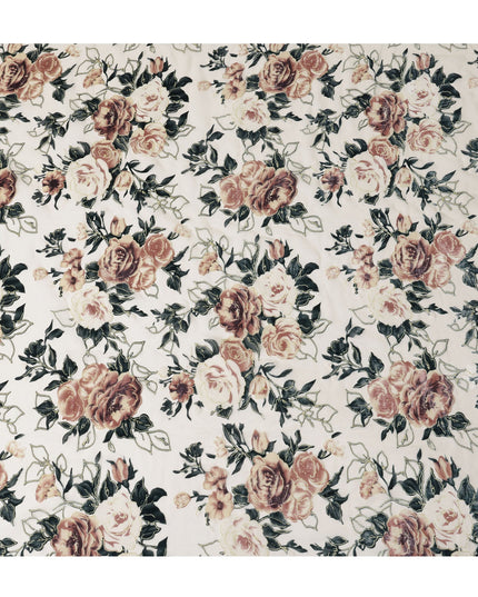 Cream Rose Floral Printed Silk Blended Velvet Fabric with Multi-Tone Detailing, 140 cm Width, Made in China-D26637