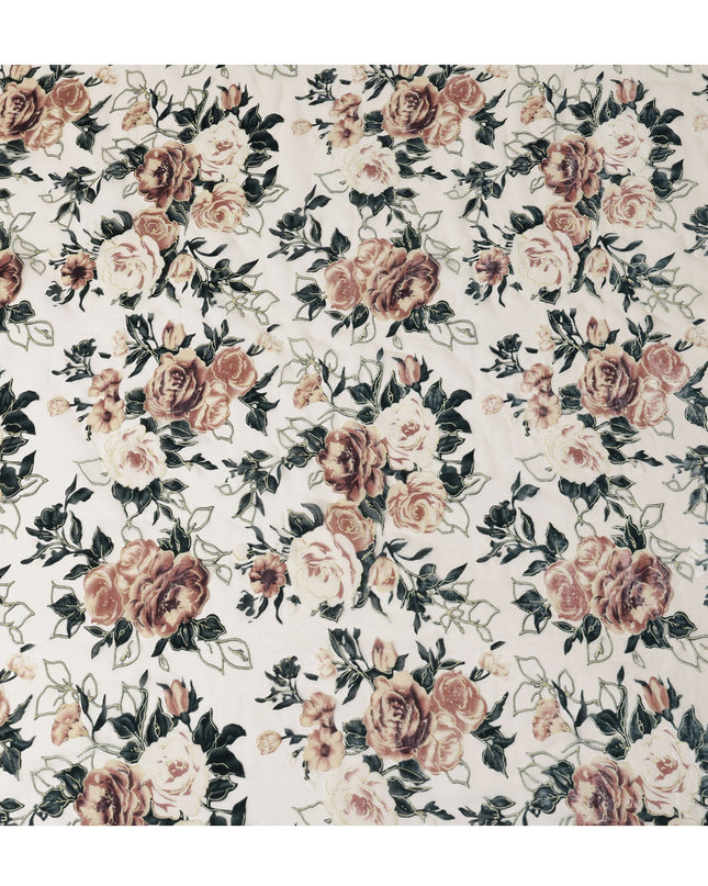 Cream Rose Floral Printed Silk Blended Velvet Fabric with Multi-Tone Detailing, 140 cm Width, Made in China-D26637