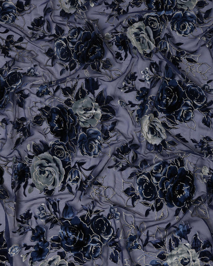 Navy Blue Rose Floral Printed Silk Blended Velvet Fabric with Multi-Tone Detailing, 140 cm Width, Made in China-D26639