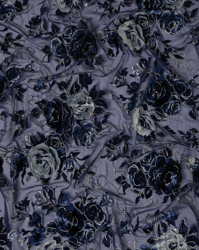 Navy Blue Rose Floral Printed Silk Blended Velvet Fabric with Multi-Tone Detailing, 140 cm Width, Made in China-D26639