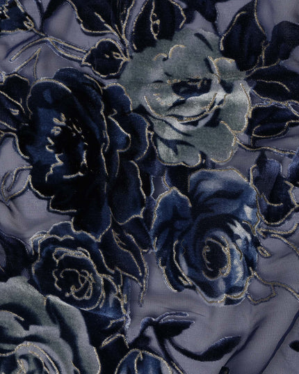 Navy Blue Rose Floral Printed Silk Blended Velvet Fabric with Multi-Tone Detailing, 140 cm Width, Made in China-D26639