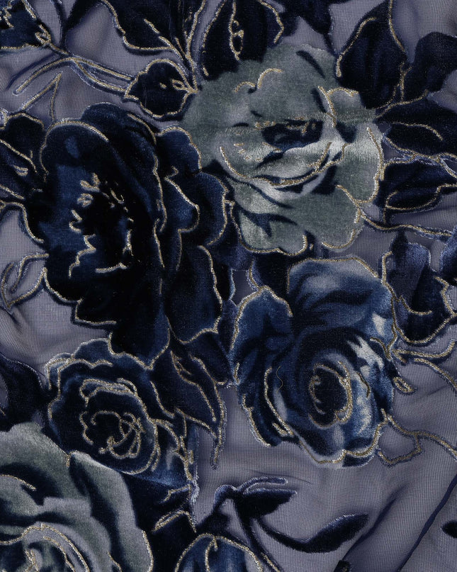 Navy Blue Rose Floral Printed Silk Blended Velvet Fabric with Multi-Tone Detailing, 140 cm Width, Made in China-D26639
