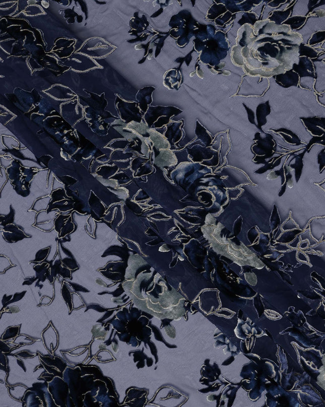 Navy Blue Rose Floral Printed Silk Blended Velvet Fabric with Multi-Tone Detailing, 140 cm Width, Made in China-D26639