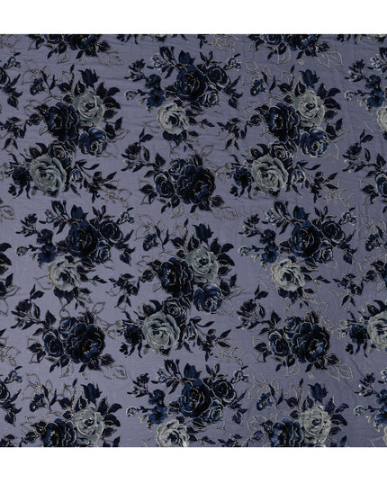 Navy Blue Rose Floral Printed Silk Blended Velvet Fabric with Multi-Tone Detailing, 140 cm Width, Made in China-D26639