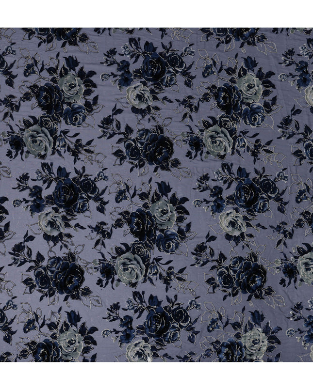 Navy Blue Rose Floral Printed Silk Blended Velvet Fabric with Multi-Tone Detailing, 140 cm Width, Made in China-D26639